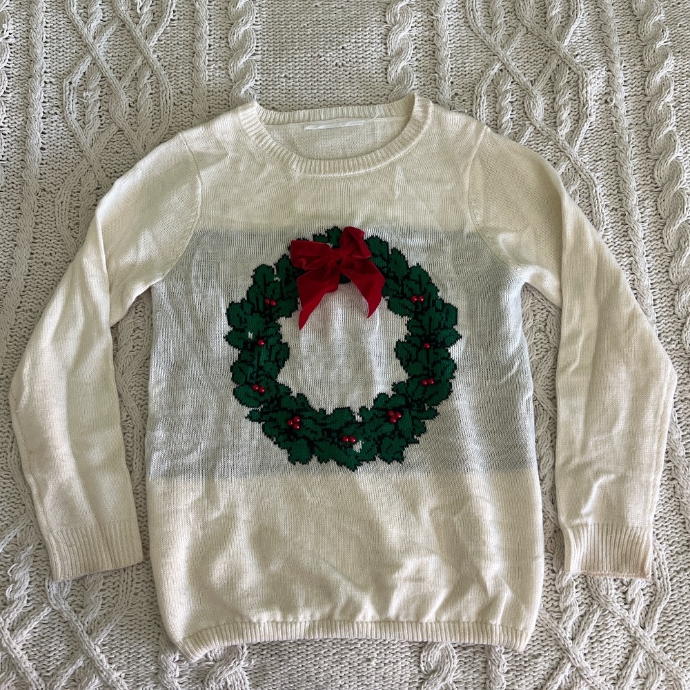 Cute White Christmas Sweater with Wreath and Holly design in white and green